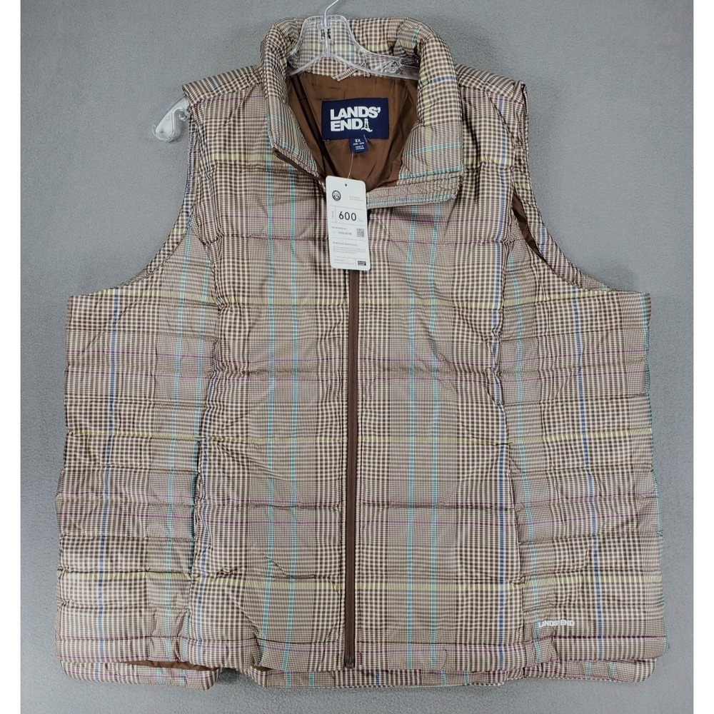 NEW Lands' End Puffer Vest‎ size 2X Goose Down Fill 600 Brown Plaid